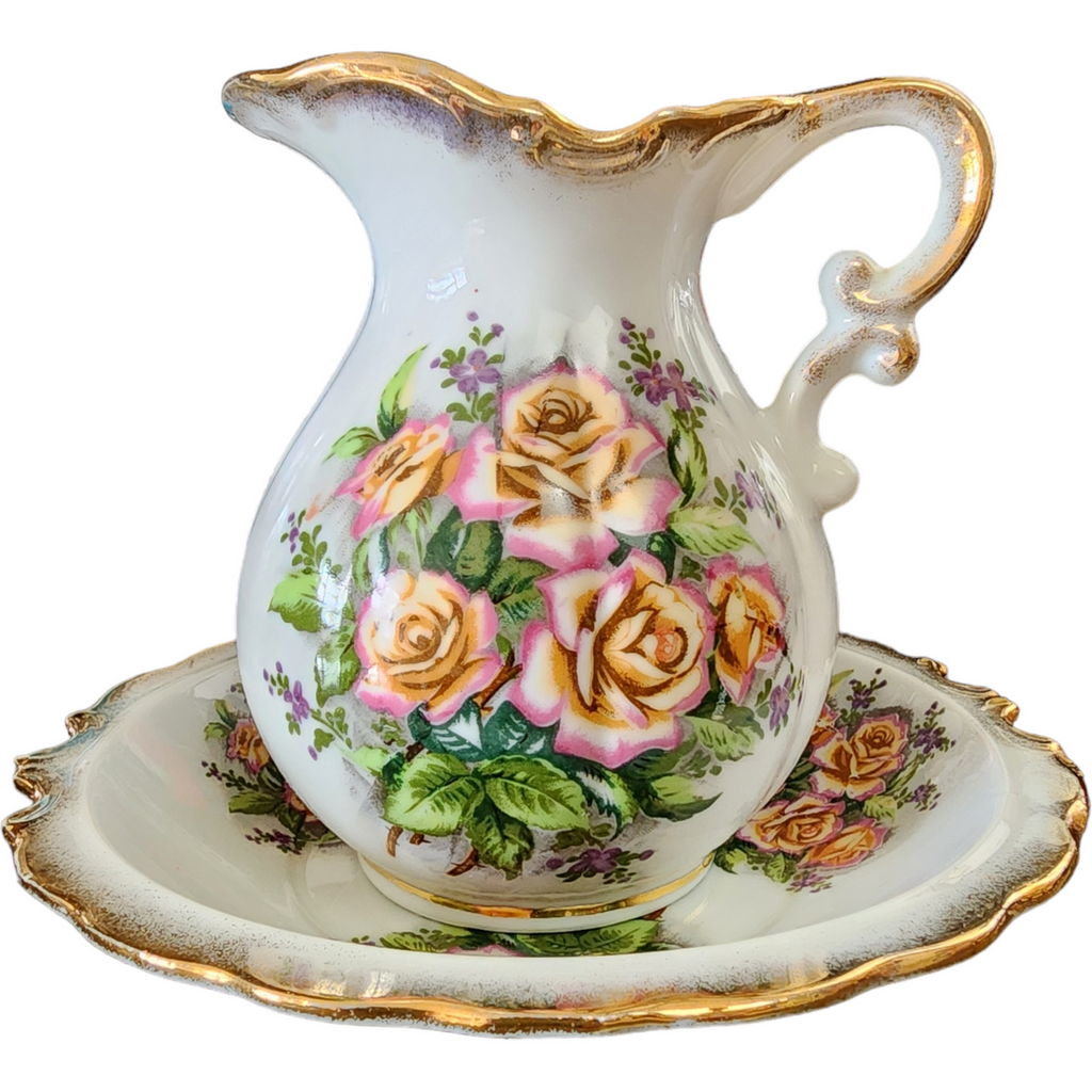 Tilso Heritage Pink Roses Green Background Gold Trim 20 Oz Pitcher and Bowl Set