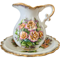 Tilso Heritage Pink Roses Green Background Gold Trim 20 Oz Pitcher and Bowl Set