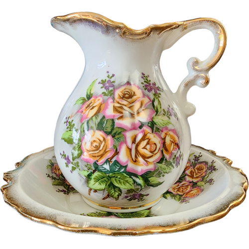 Tilso Heritage Pink Roses Green Background Gold Trim 20 Oz Pitcher and Bowl Set