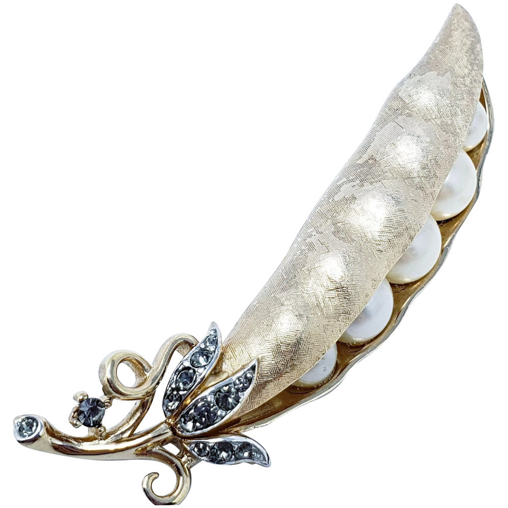 Trifari Crown Mid 1900s Pea Pod Faux Pearl Brooch Pin