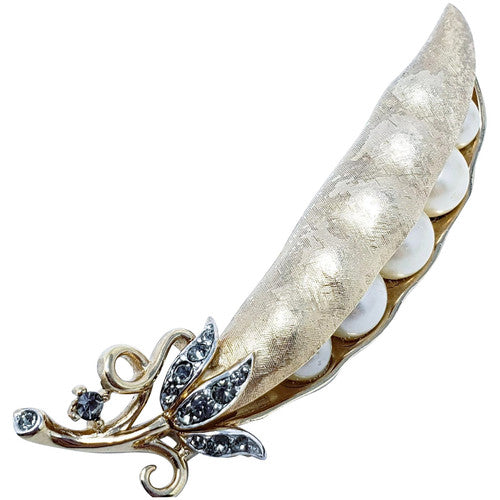 Trifari Crown Mid 1900s Pea Pod Faux Pearl Brooch Pin