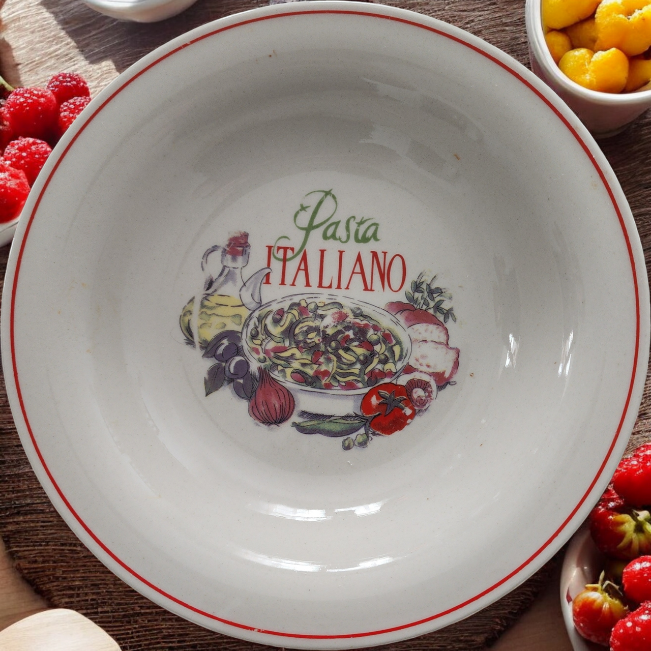 Trisa Stoneware Oil Garlic Tomato Red Band Italian Individual Pasta Bowl Set of 3