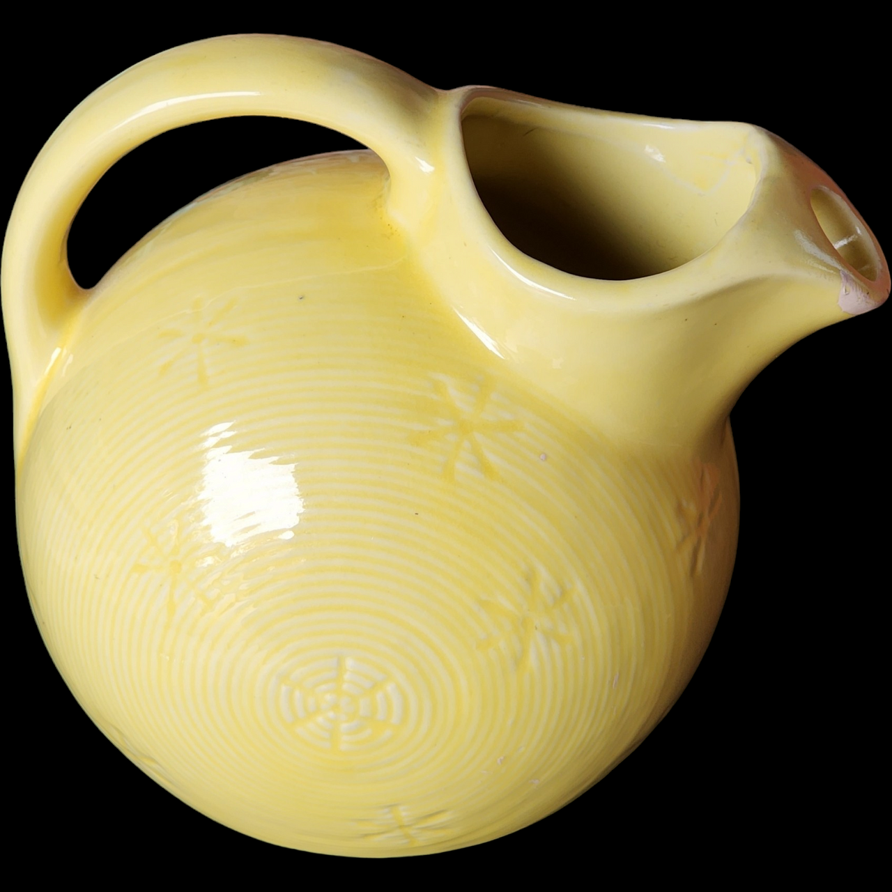 USA Pottery Canary Yellow Snowflake Pitcher Ball Jug with Ice Lip