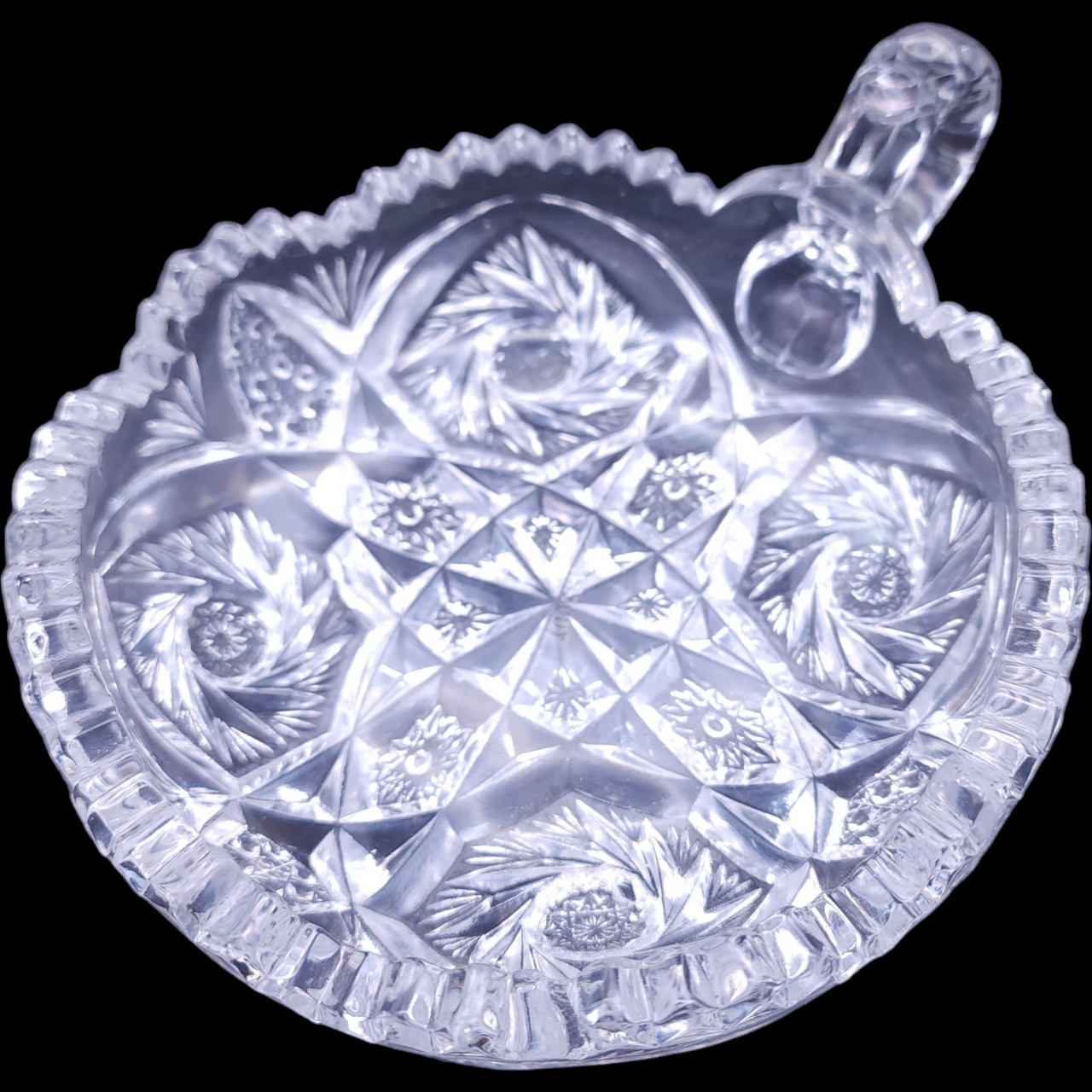 US Glass Nucut Artcut Handled Nappy Dish
