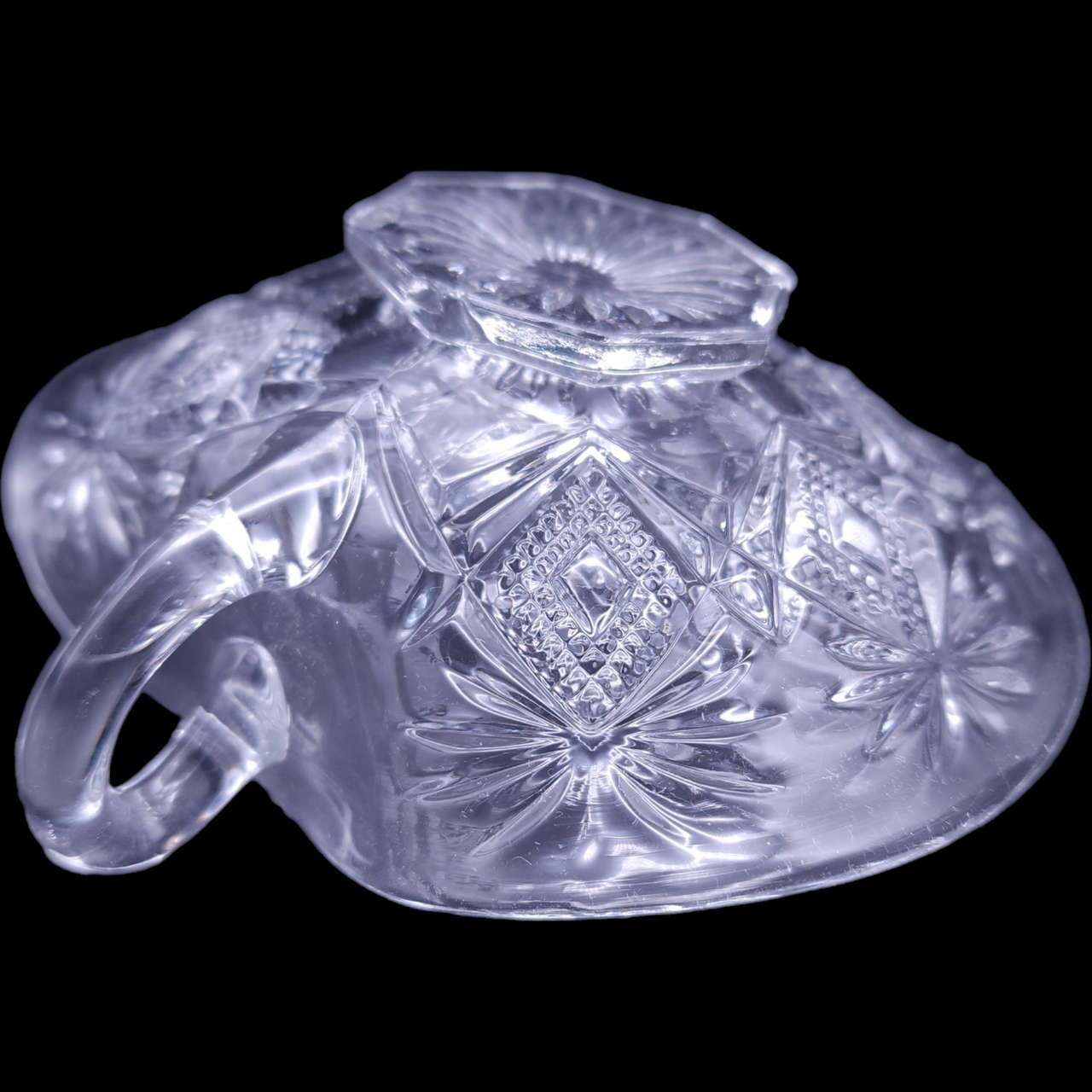 US Glass Shoshone Clear Pressed Glass Star & Fan Dish with Handle Nappy
