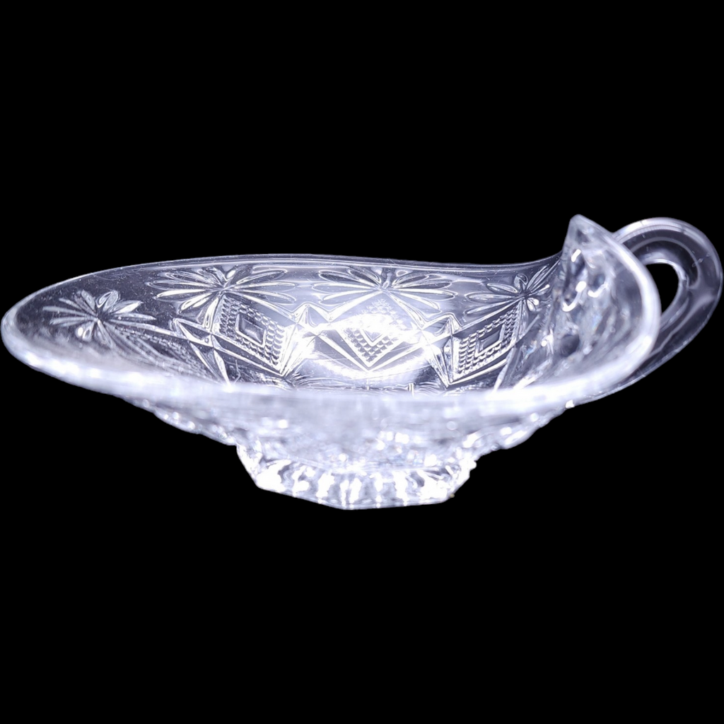US Glass Shoshone Clear Pressed Glass Star & Fan Dish with Handle Nappy