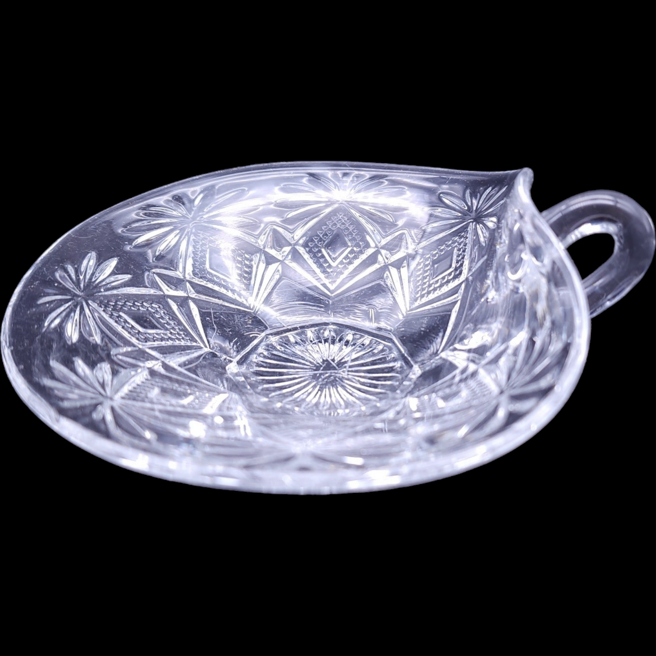 US Glass Shoshone Clear Pressed Glass Star & Fan Dish with Handle Nappy