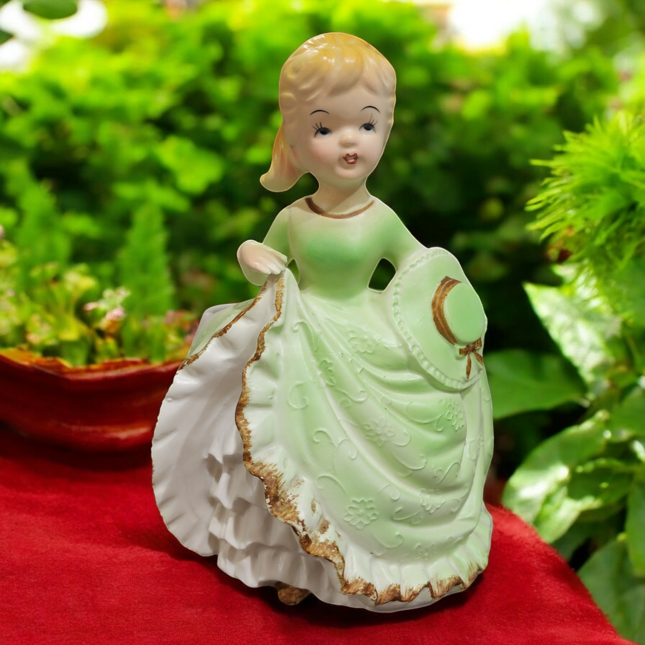 Relpo  Girl Southern Belle Light Green Dress Hand Painted Planter Japan