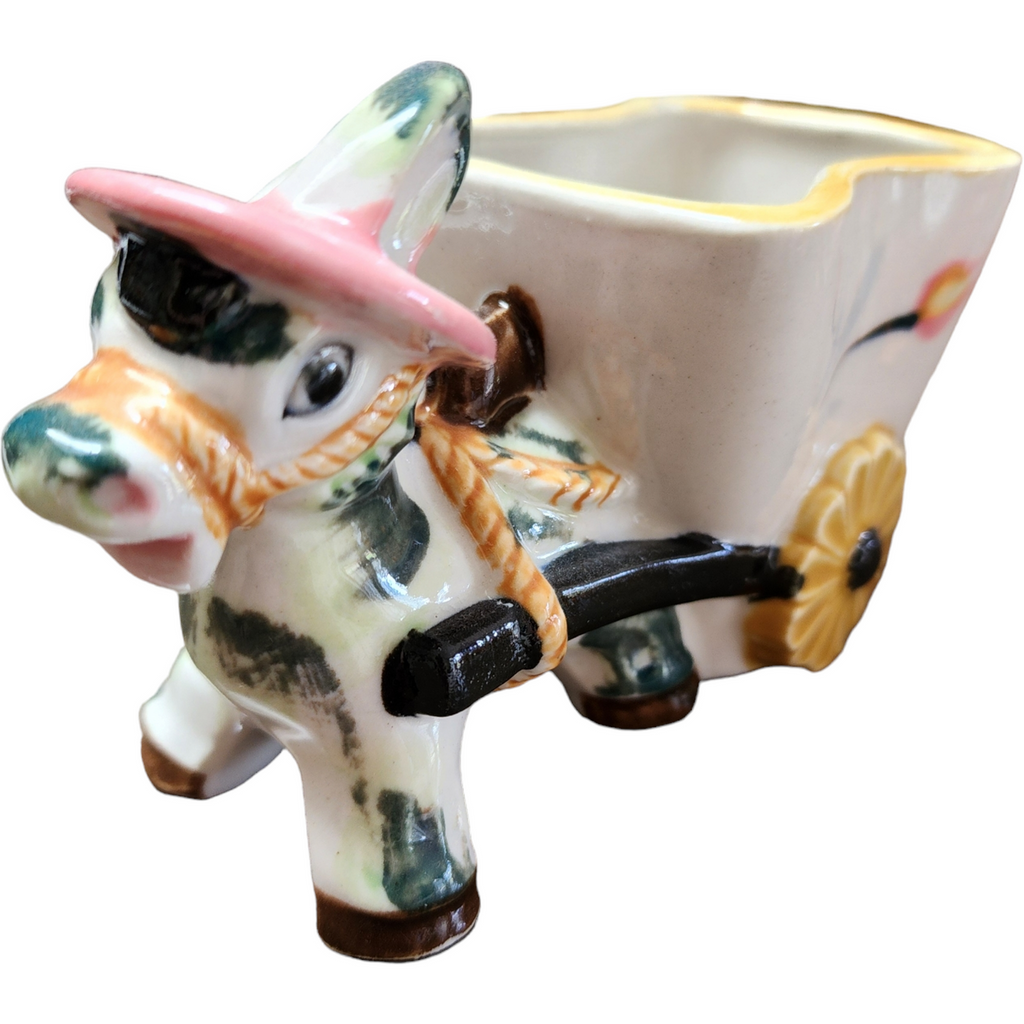 Ucagco Pottery Small Donkey Pulling Cart Hand Painted Planter Japan
