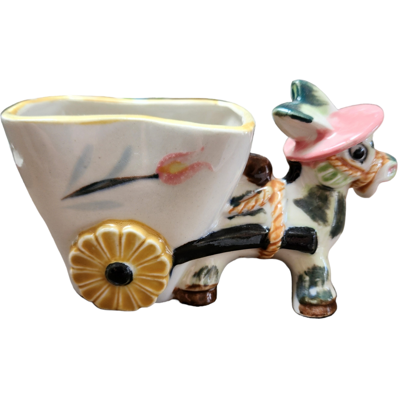 Ucagco Pottery Small Donkey Pulling Cart Hand Painted Planter Japan