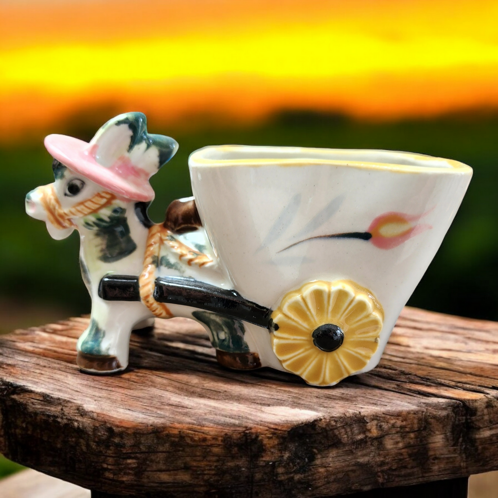 Ucagco Pottery Small Donkey Pulling Cart Hand Painted Planter Japan