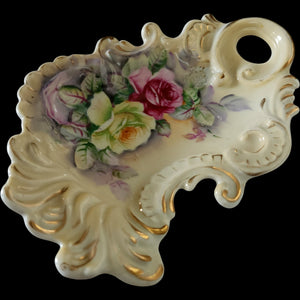 Antique Porcelain Floral Relish Dish Gilt Scroll Handle Crossed Arrows Mark