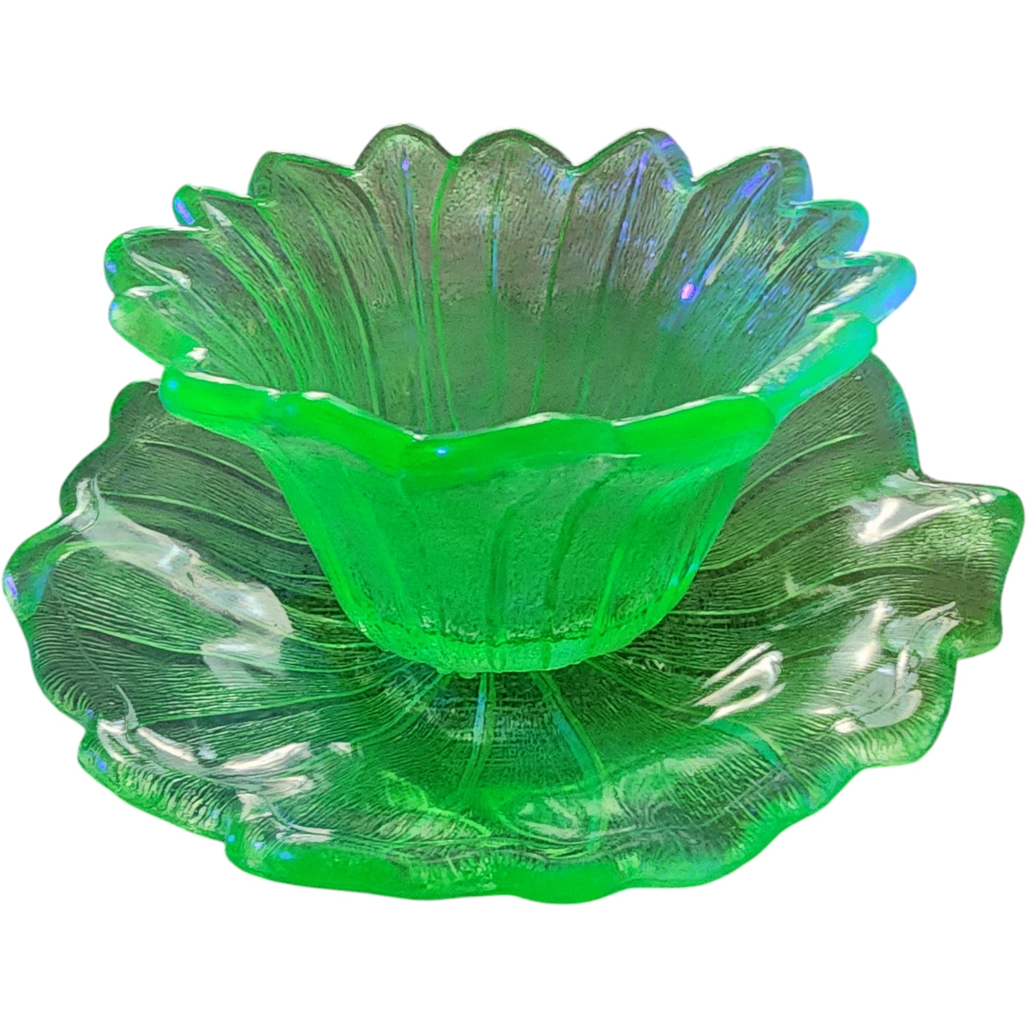 Indiana Glass Uranium Green Tiara Flower Flat Sherbet Set