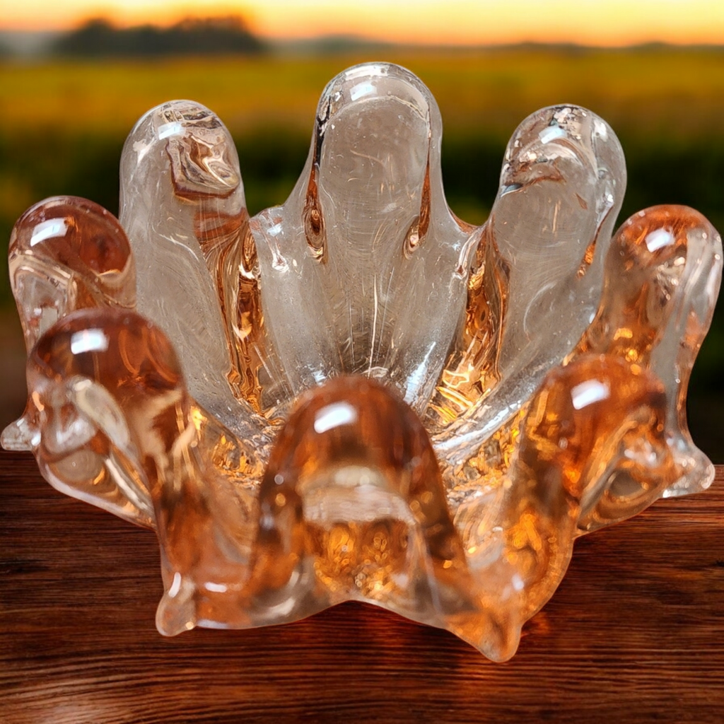 Vintage Venetian Hand Blown Amber Art Glass Swung Bowl