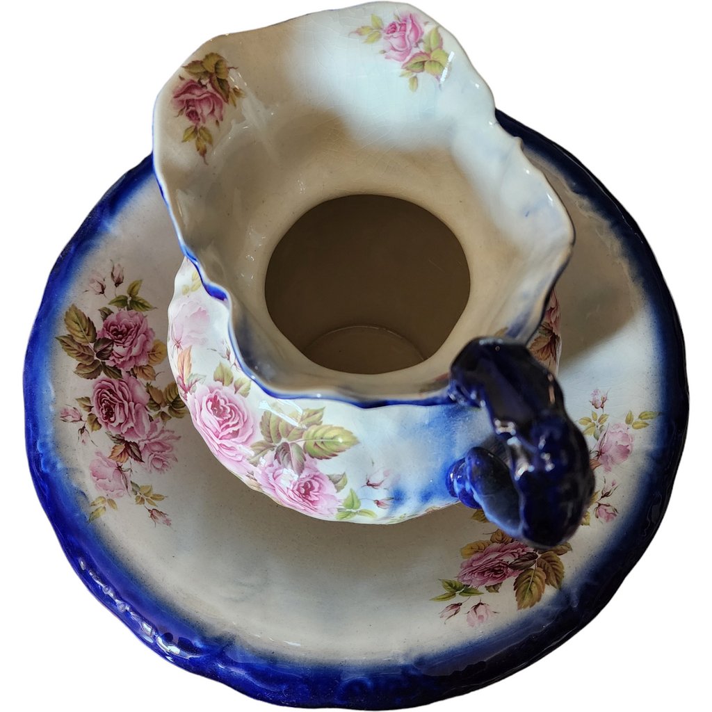 Victorian Cobalt White Floral Porcelain Wash Stand Set Pitcher & Bowl