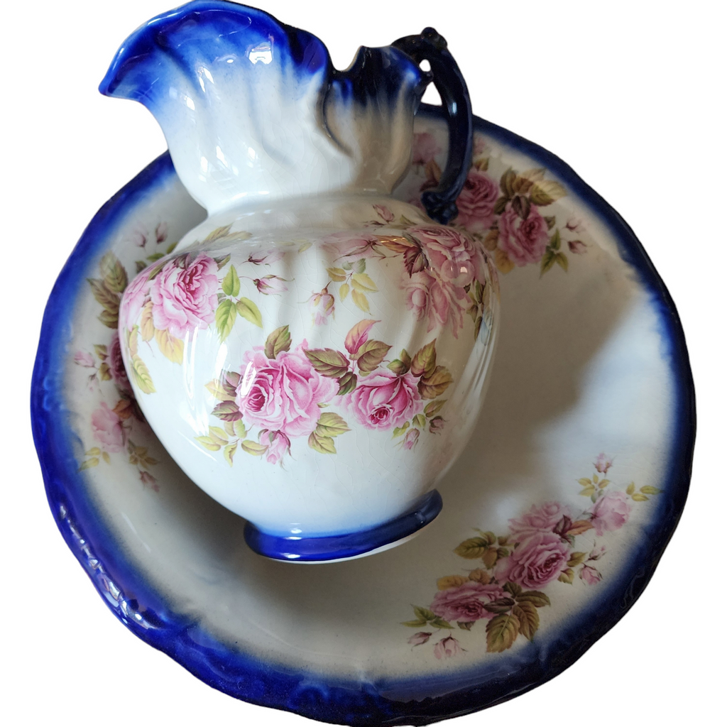 Victorian Cobalt White Floral Porcelain Wash Stand Set Pitcher & Bowl