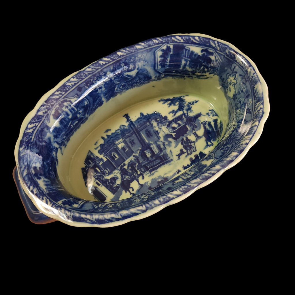 Victoria Ware Transferware Ironstone Flow Blue White Double Handle Oval Serving Dish