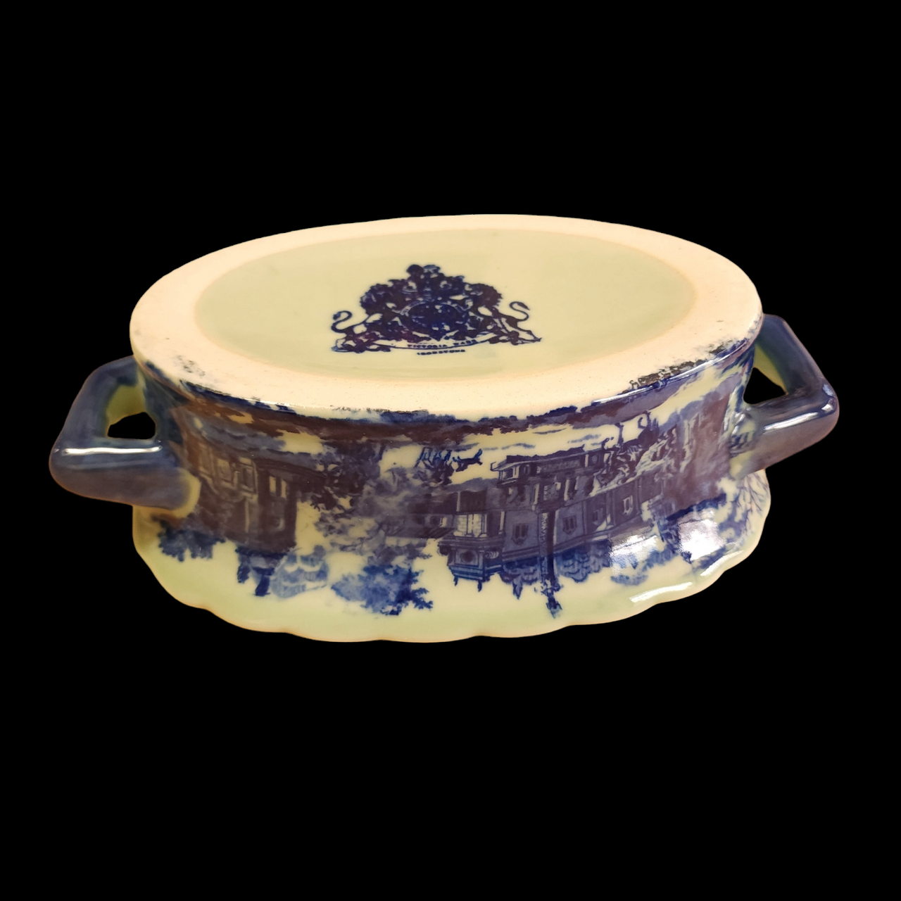 Victoria Ware Transferware Ironstone Flow Blue White Double Handle Oval Serving Dish