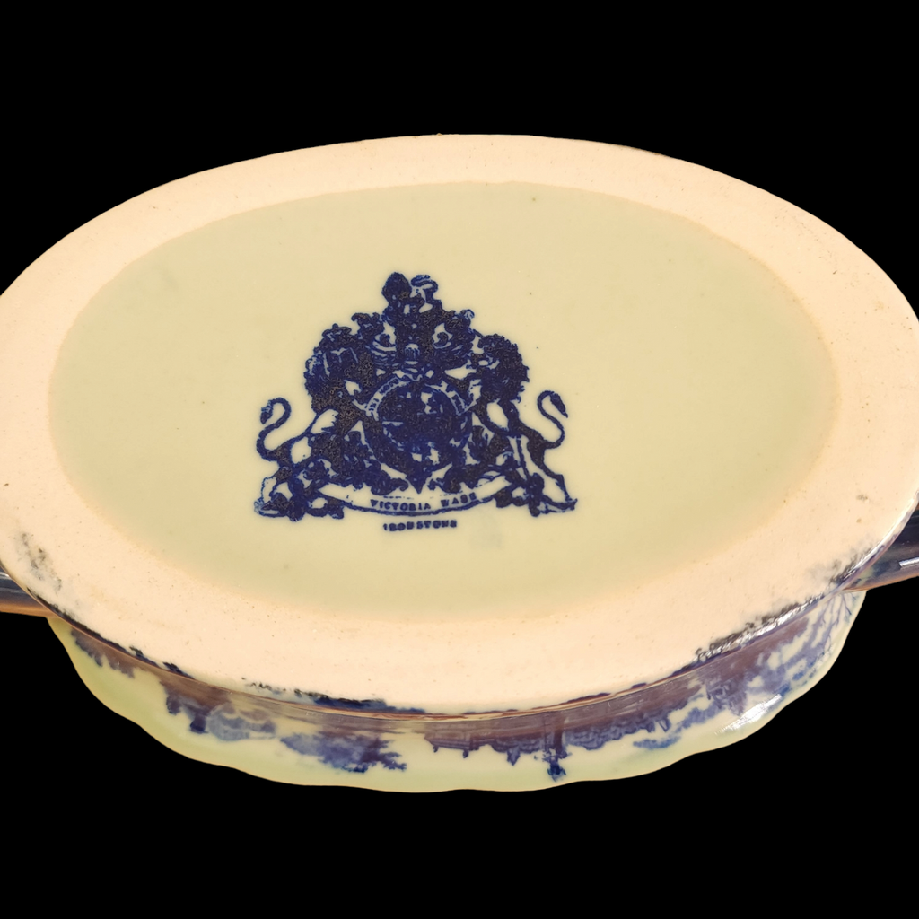 Victoria Ware Transferware Ironstone Flow Blue White Double Handle Oval Serving Dish