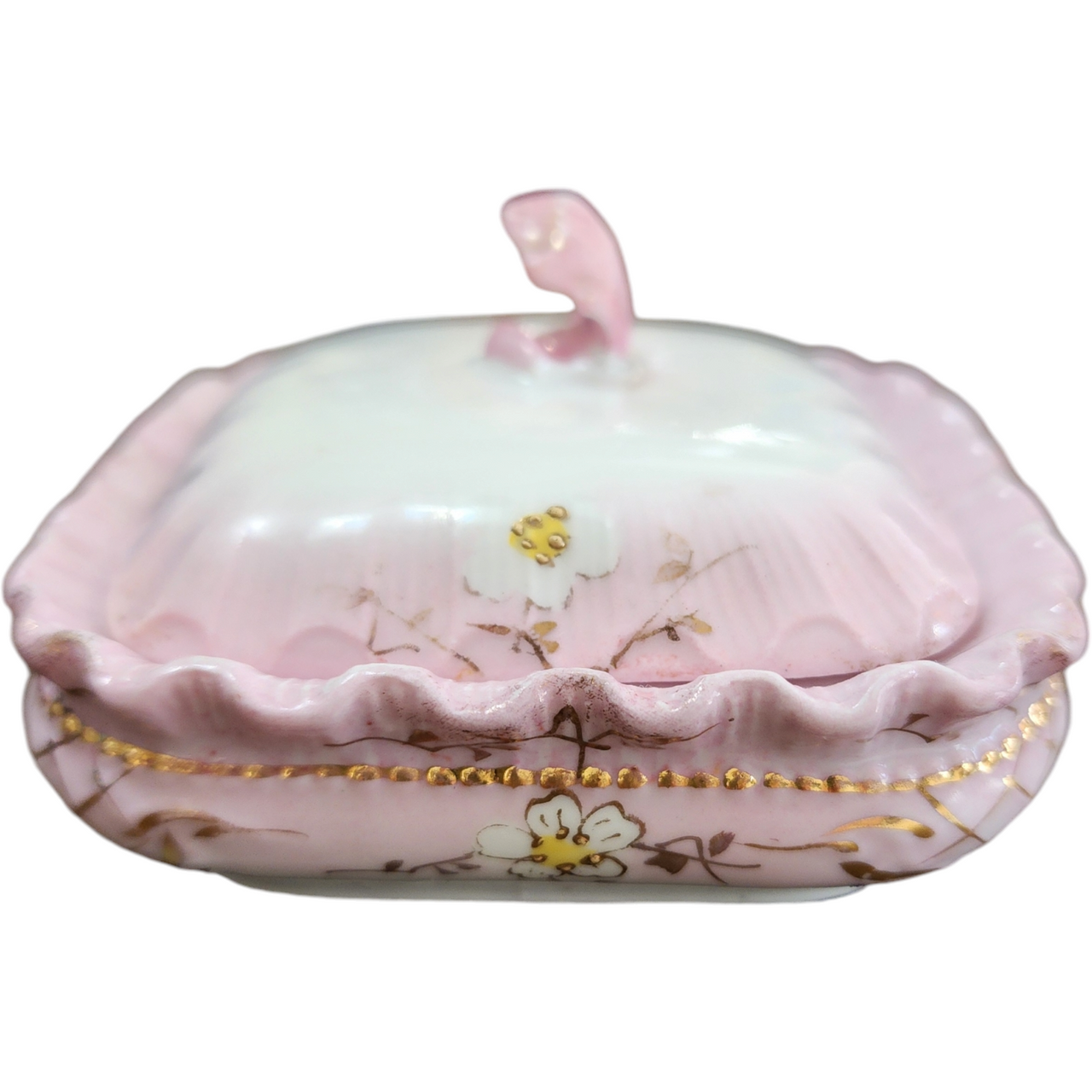 Victorian Floral and Gold Accents Pink Porcelain Ruffled Edge Lidded Trinket Dish
