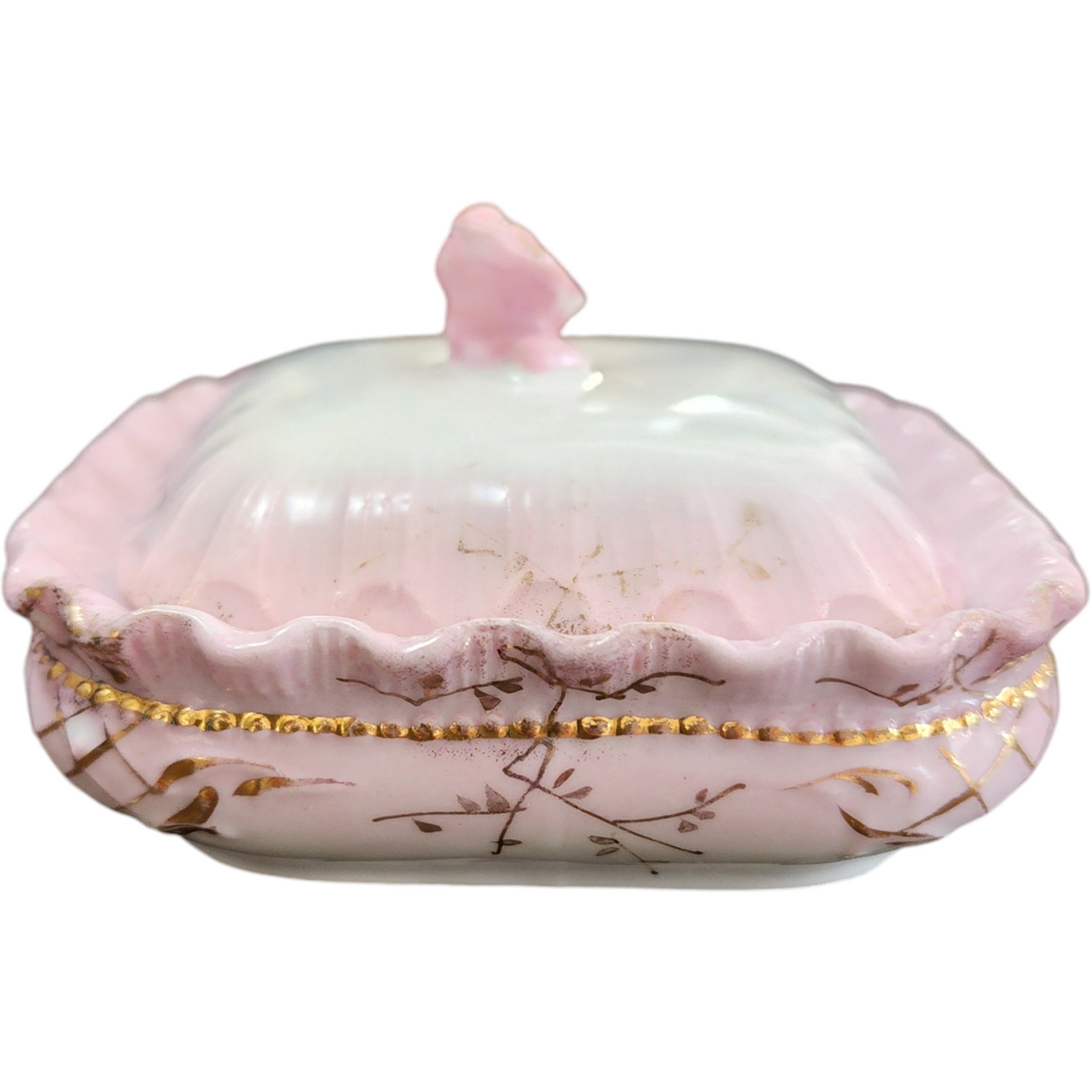 Victorian Floral and Gold Accents Pink Porcelain Ruffled Edge Lidded Trinket Dish