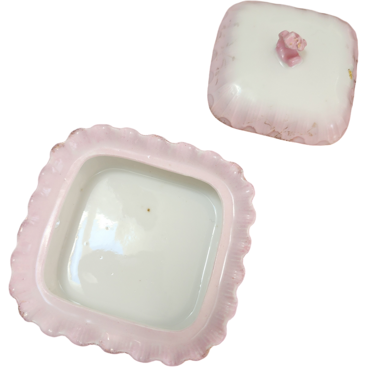 Victorian Floral and Gold Accents Pink Porcelain Ruffled Edge Lidded Trinket Dish