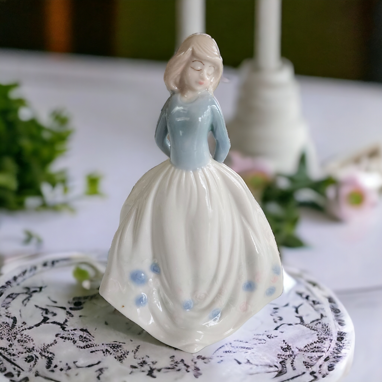 Victorian Women Glazed Porcelain Blue White Floral Figurine