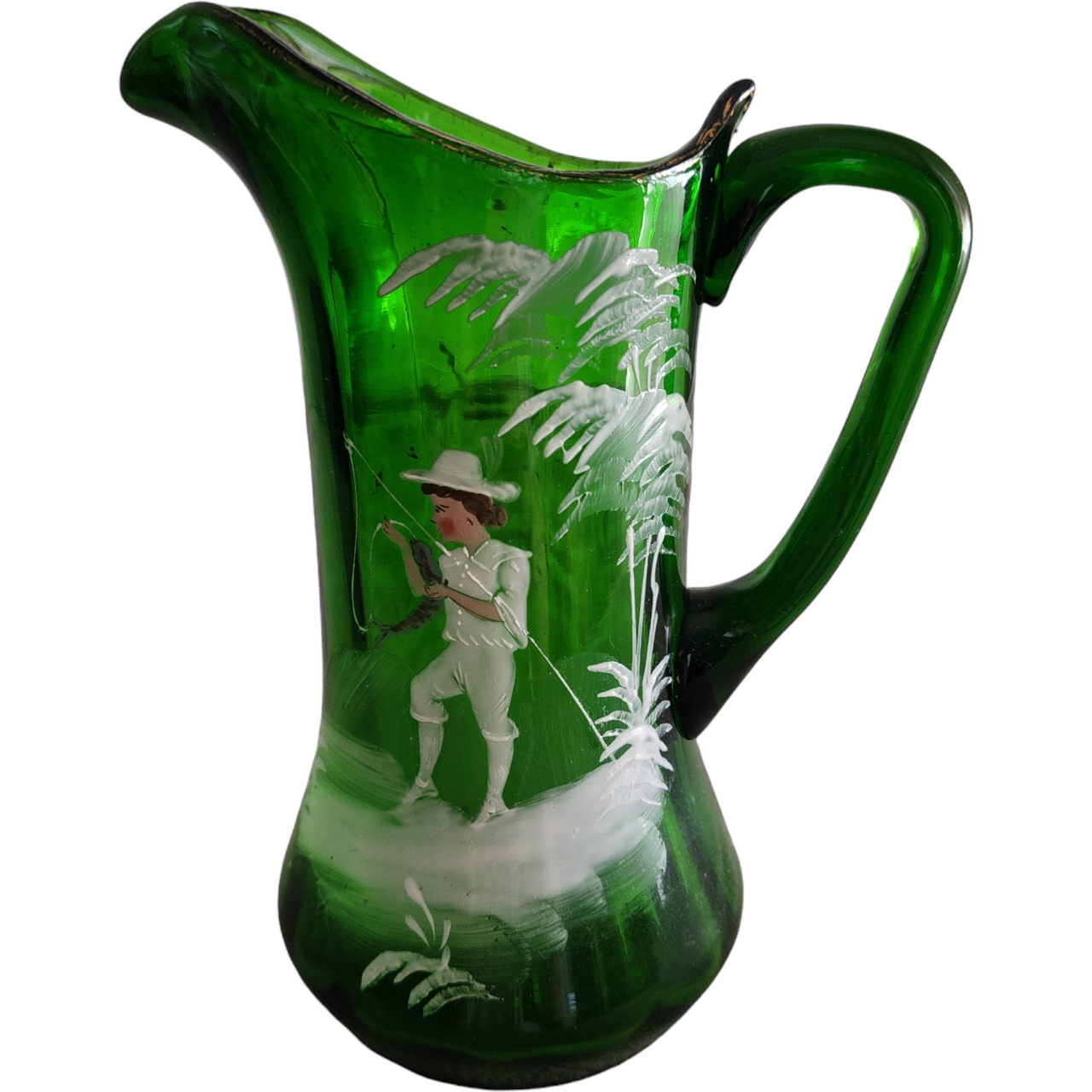 Victorian Mary Gregory White Enameled Figure on Emerald Green Glass Pitcher