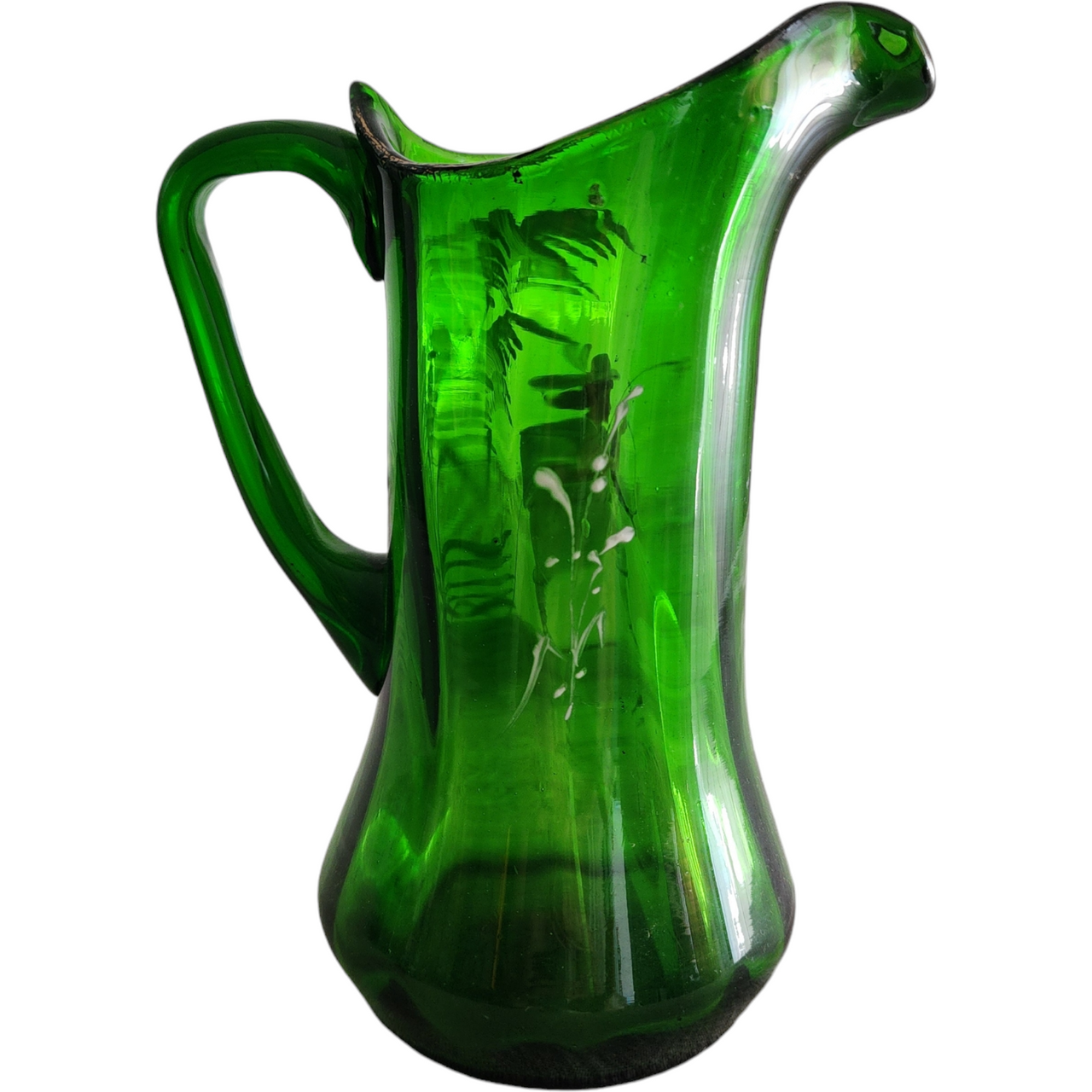 Victorian Mary Gregory White Enameled Figure on Emerald Green Glass Pitcher
