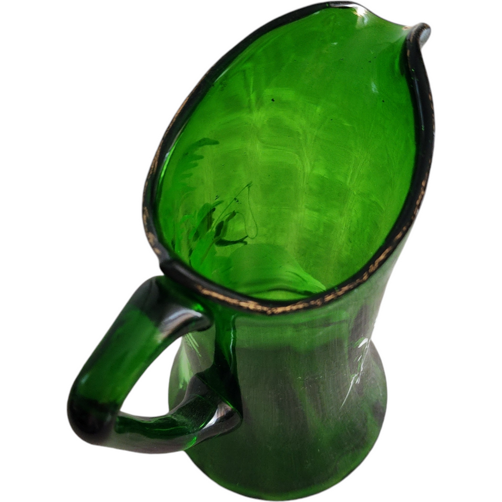Victorian Mary Gregory White Enameled Figure on Emerald Green Glass Pitcher