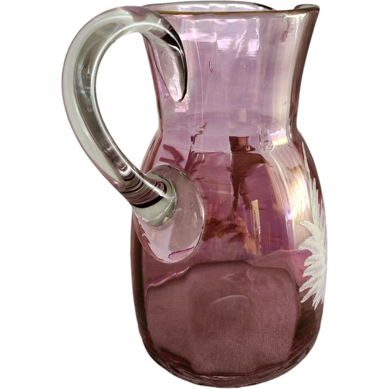 Fenton White Enameled Figures On Cranberry Glass Pitcher