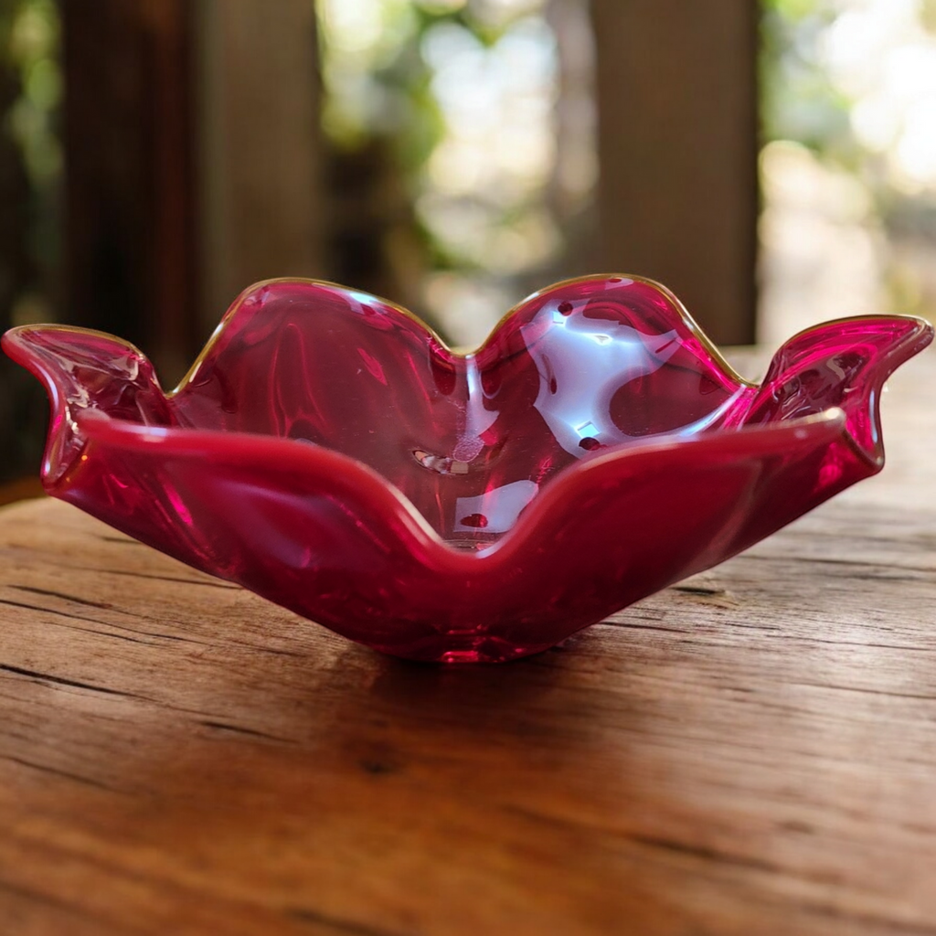 Viking Glass Amberina Red 6 Petal Ruffles Candy Dish Bon Bon Bowl