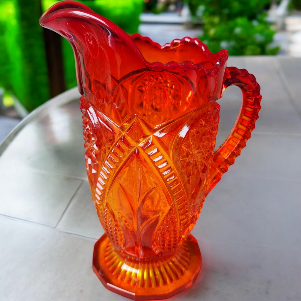 Viking Yesteryear Hobstar Amberina Red Pressed Glass 24 Oz Pitcher
