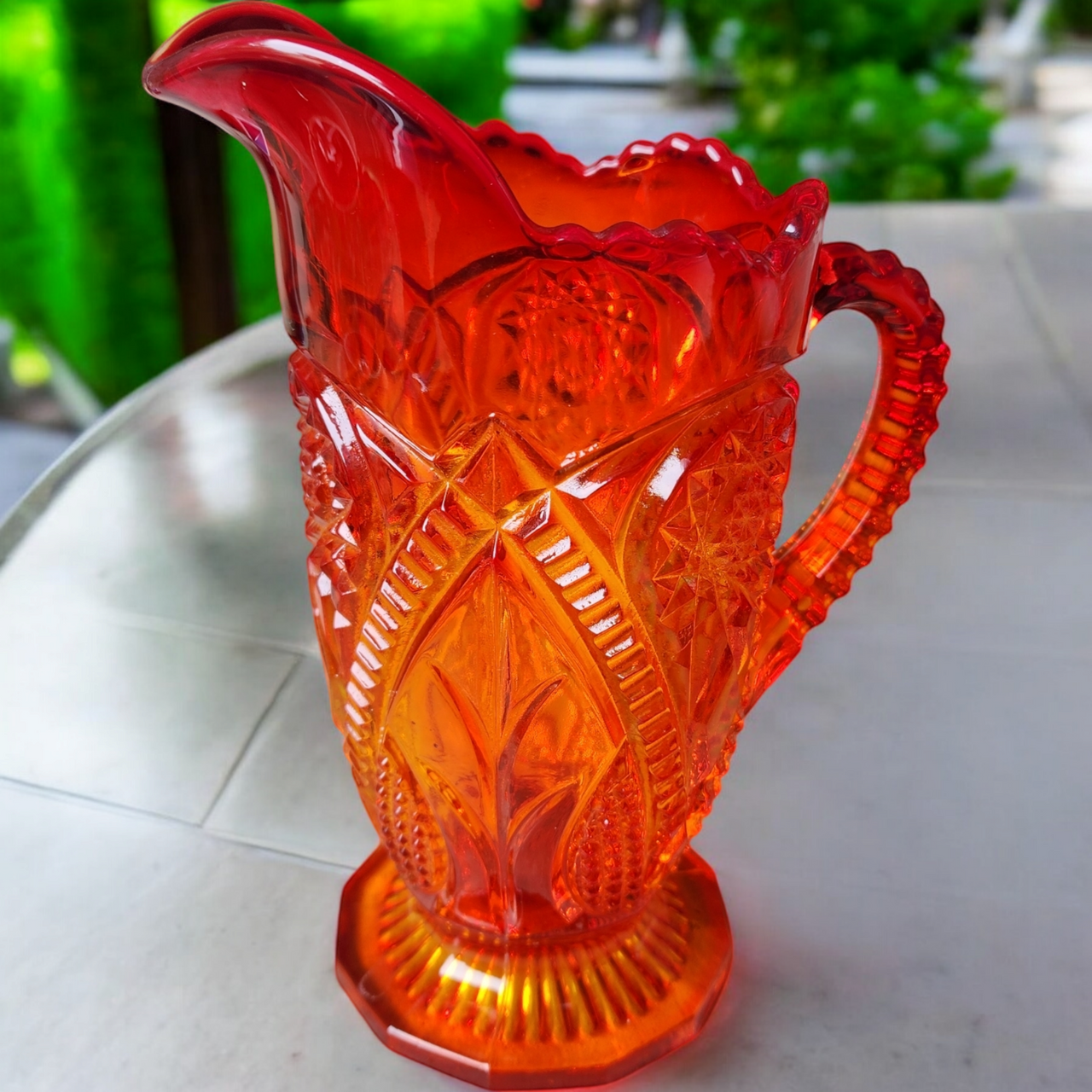 Viking Yesteryear Hobstar Amberina Red Pressed Glass 24 Oz Pitcher