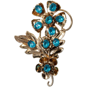 Vintage Aqua Crystal Flower Brooch in Sterling Silver