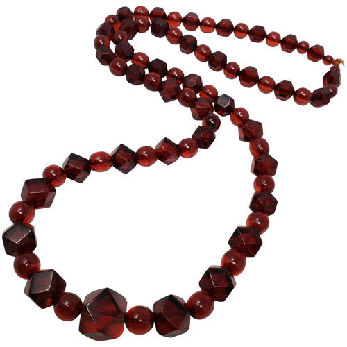 Vintage Art Deco Cherry Amber Colored Bakelite Rope Length 34" Alternating Faceted & Bead Necklace