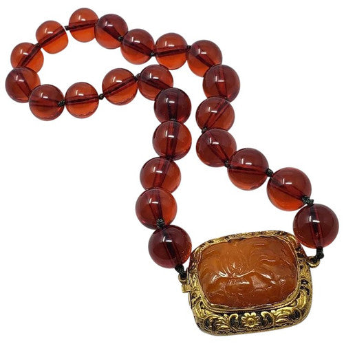 Vintage Art Deco Cherry Amber Colored Bakelite Choker Necklace with Carnelian Clasp