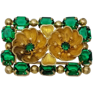 Vintage Czechoslovakia Signed Floral Rectangular Brooch with Green Crystals in Gold Tone