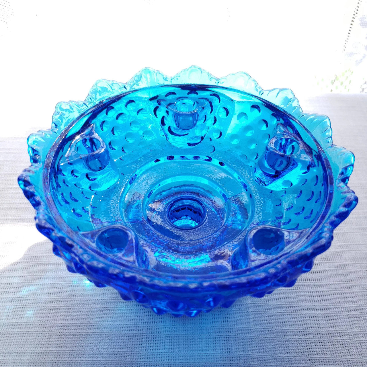 Vintage FENTON Hobnail Blue Colonial Blue Glass 6 Candle Holder Table Center Piece