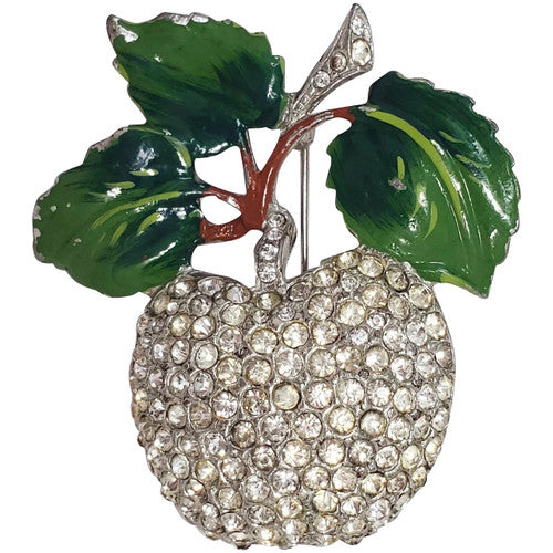 Vintage Forbidden Fruit Apple Pave Crystal & Green Enamel Pot Metal Brooch
