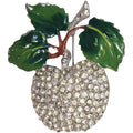 Vintage Forbidden Fruit Apple Pave Crystal & Green Enamel Pot Metal Brooch