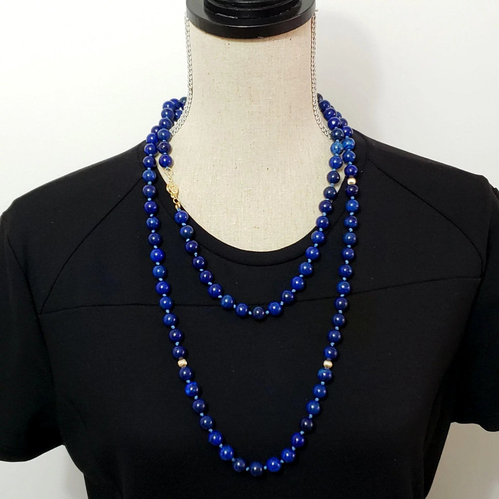 Vintage Long 54" Natural Lapis Lazuli Necklace 14k Gold Beads & 14k Clasp