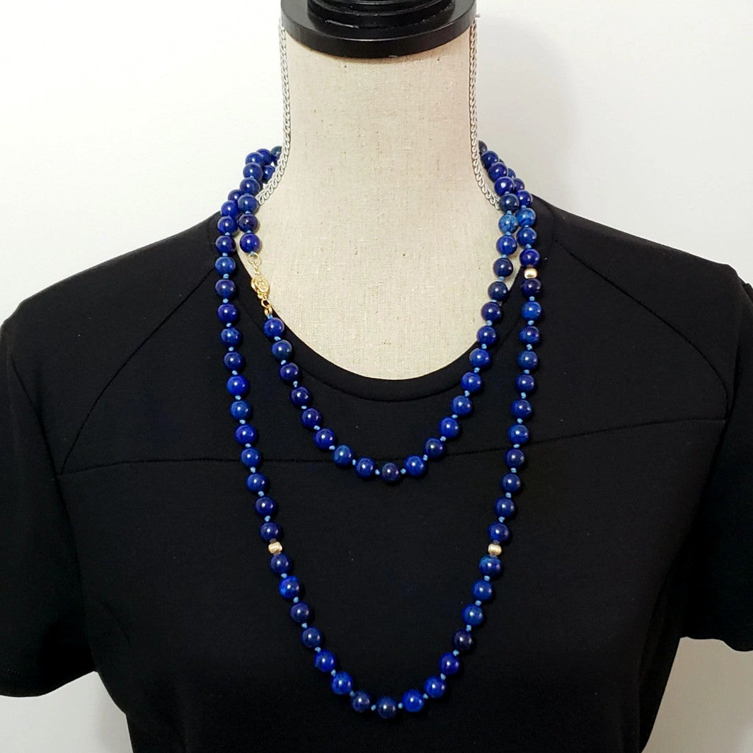 Vintage Long 54" Natural Lapis Lazuli Necklace 14k Gold Beads & 14k Clasp