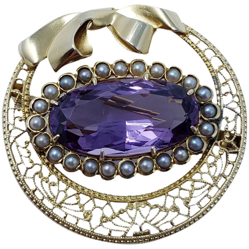 Vintage Natural Amethyst & Pearl Brooch in 14KT Gold