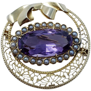 Vintage Natural Amethyst & Pearl Brooch in 14KT Gold
