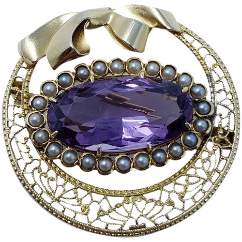 Vintage Natural Amethyst & Pearl Brooch in 14KT Gold