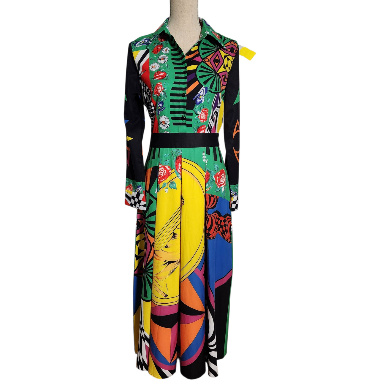 Vintage Style Elaine Five Graphic Maxi Shirt Dress Multicolor Optical Illusion Print Size L (US 6 / EU 38)