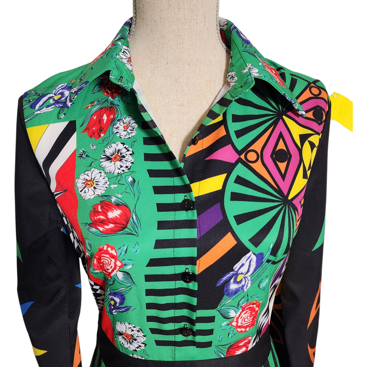 Vintage Style Elaine Five Graphic Maxi Shirt Dress Multicolor Optical Illusion Print Size L (US 6 / EU 38)