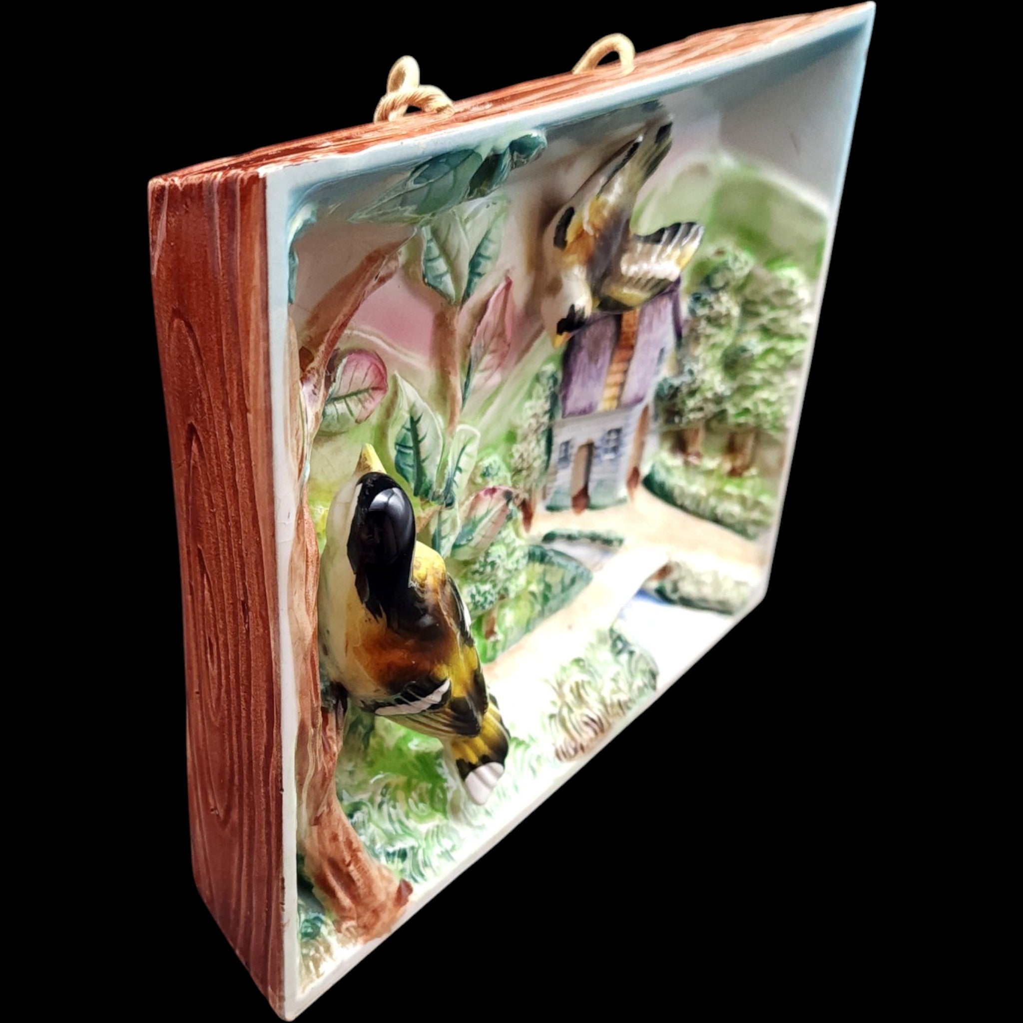 Vintage 3D Relief Ceramic Bird Cottage Scene Wall Plaques