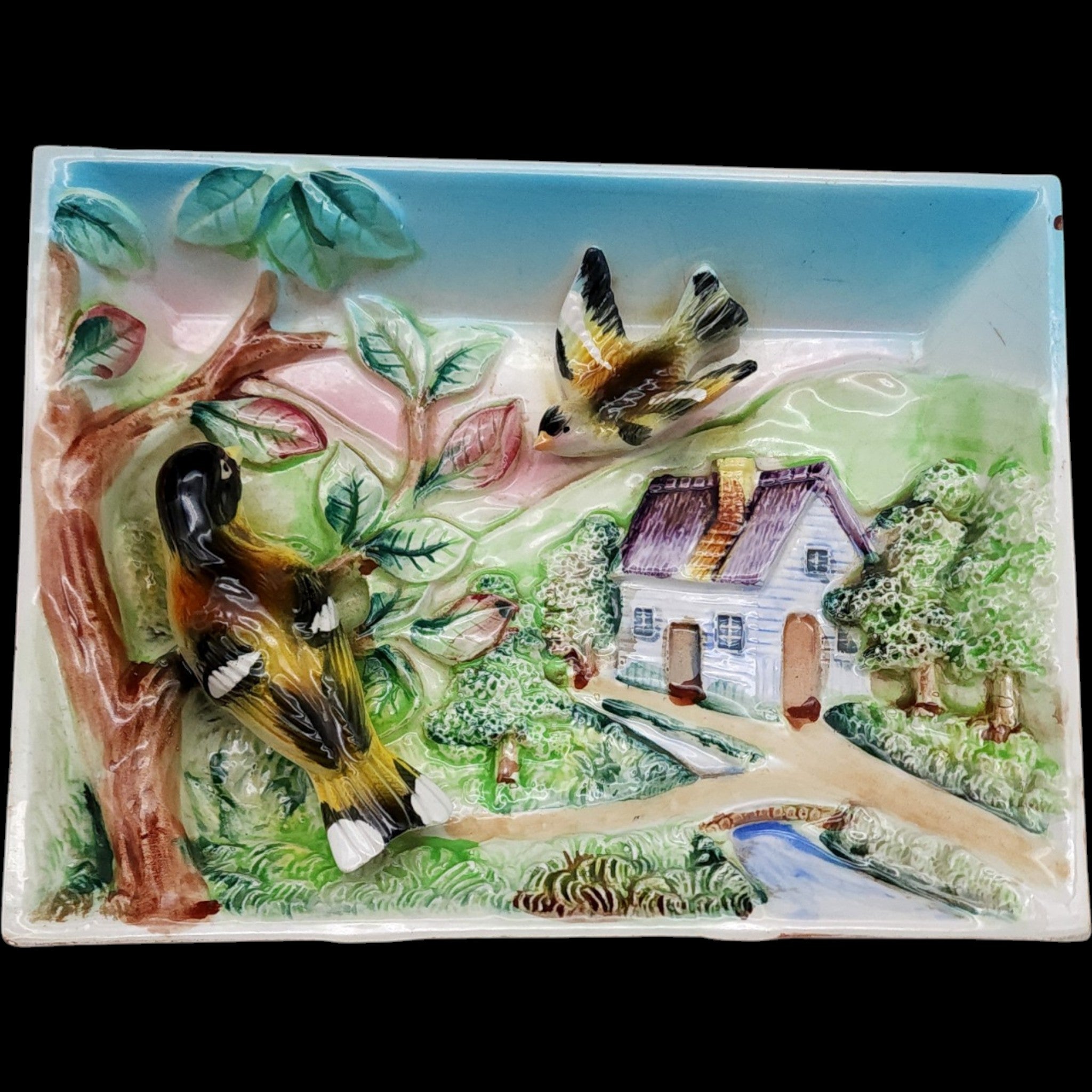 Vintage 3D Relief Ceramic Bird Cottage Scene Wall Plaques